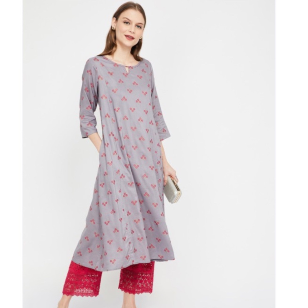 Melange by Lifestyle Women Grey & Red Printed A-Line Kurta Size M 100%Rayon FLAW